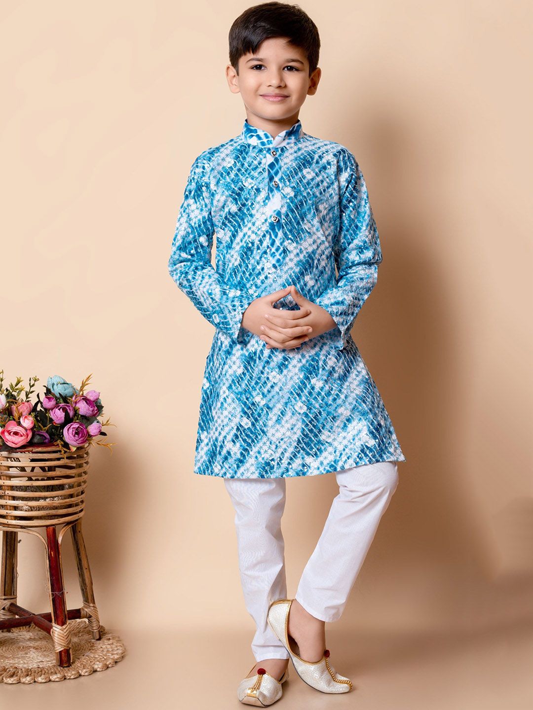 NFC CREATION Boys Floral Embroidered Mandarin Collar Sequinned Straight Kurta with Pyjama-picture-16