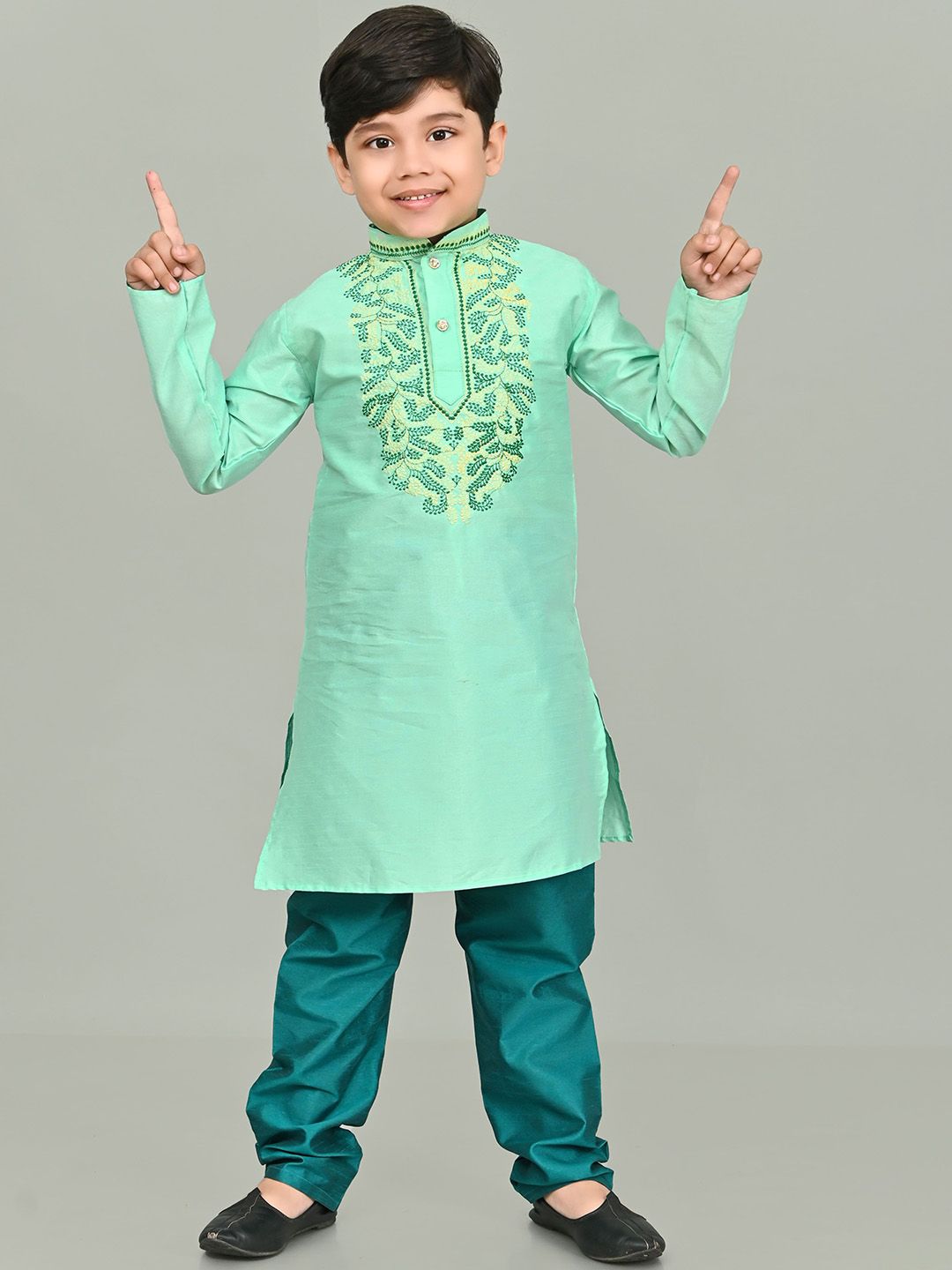 NFC CREATION Boys Ethnic Motifs Embroidered Regular Thread Work Dupion Silk Kurta with Pyjamas-picture-22