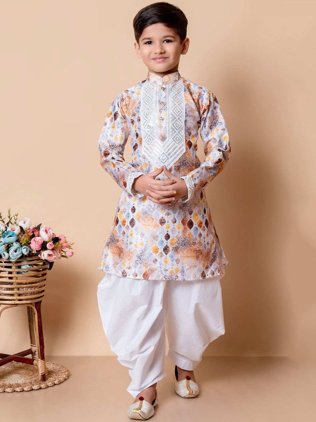NFC CREATION Boys Embroidered Regular Sequinned Dupion Silk Kurta with Patiala-picture-24
