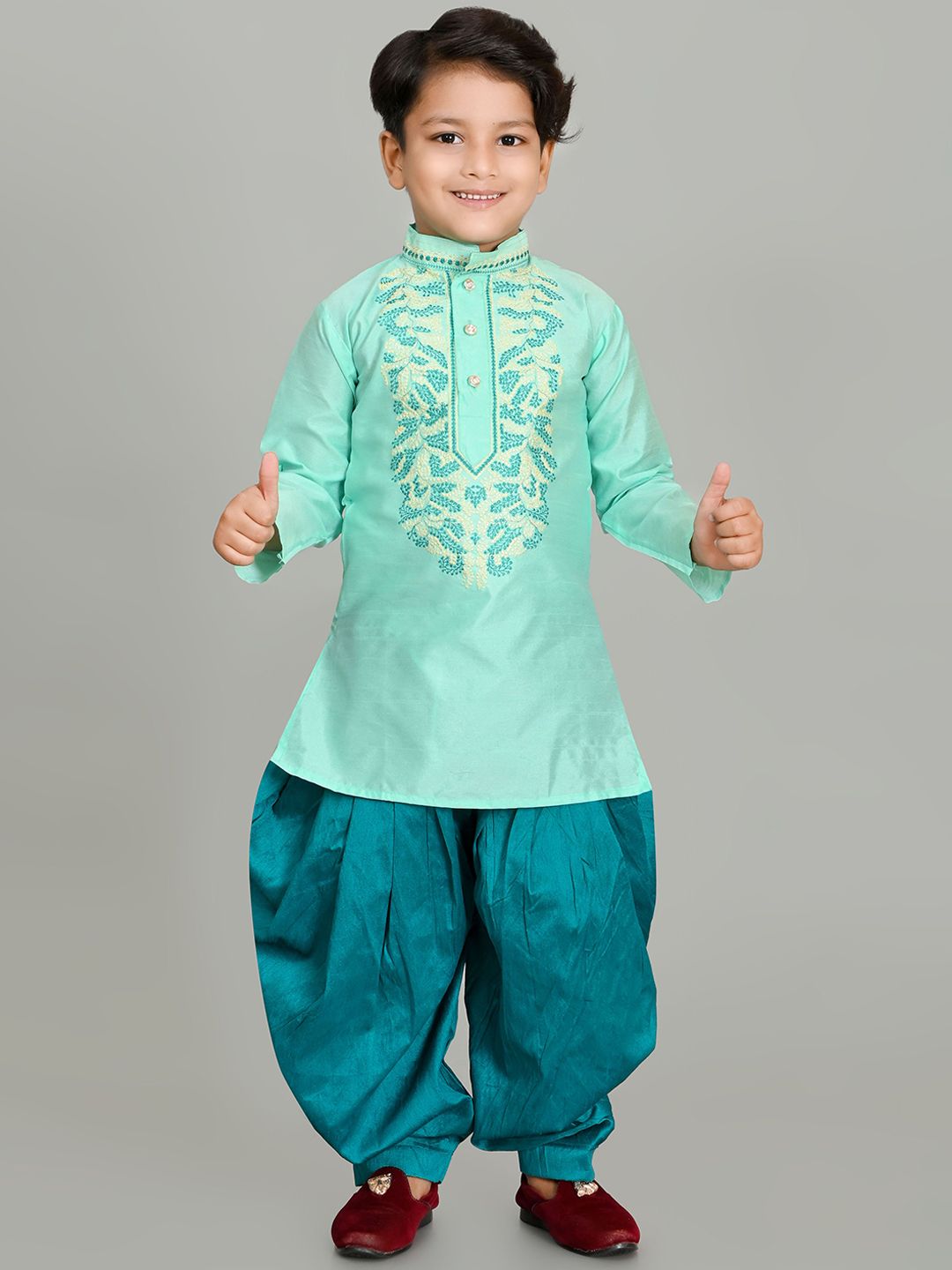 NFC CREATION Boys Ethnic Motifs Embroidered Regular Thread Work Dupion Silk Kurta with Patiala-picture-47