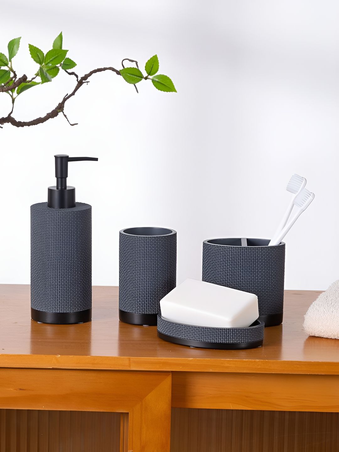 Pano Charcoal 4 piece Textured Polyresin Bath Accessories Set-image-40