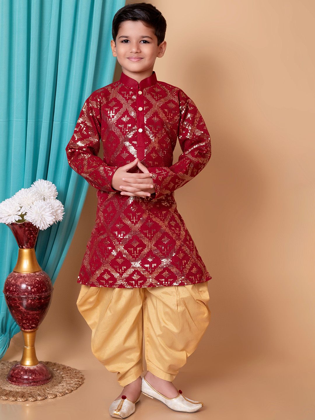 NFC CREATION Boys Embroidered Regular Sequinned Dupion Silk Kurta with Dhoti Pants-picture-10