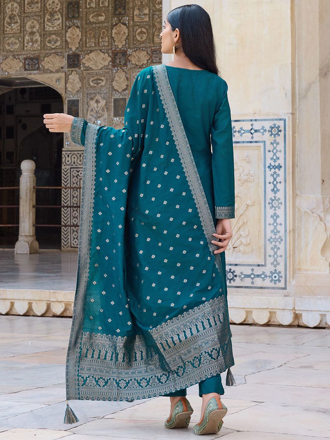 Juniper Black & Brown Ethnic Motif Embroidered Straight Kurta With Zari & Mirror Work