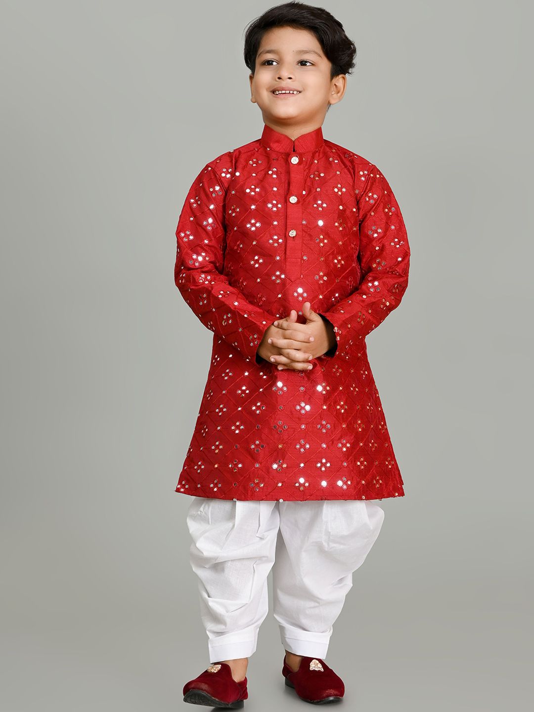 NFC CREATION Boys Embroidered Regular Mirror Work Dupion Silk Kurta with Patiala-picture-12