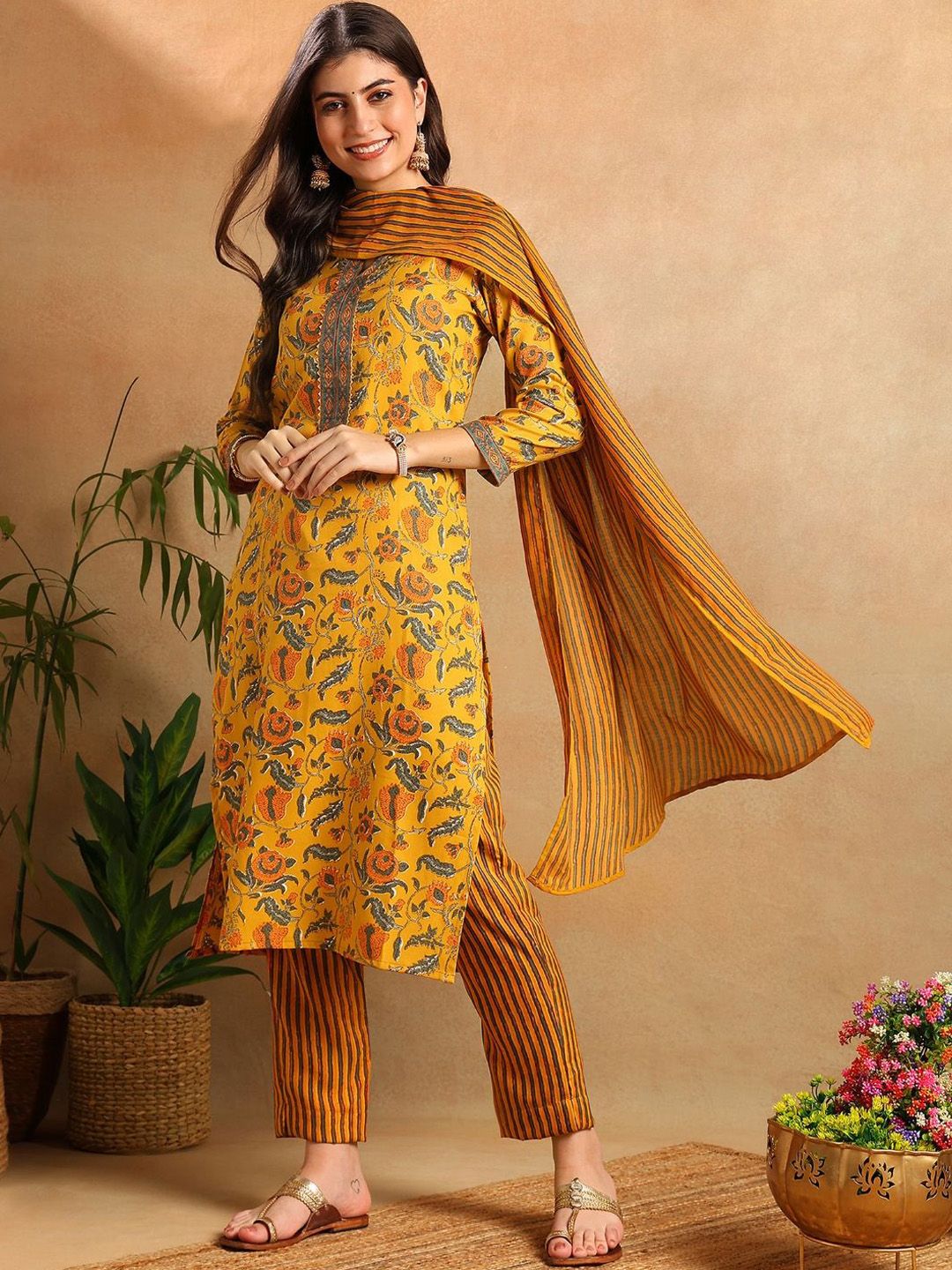 KALINI Floral Printed Regular Cotton Blend Kurta with Trousers With Dupatta-picture-19