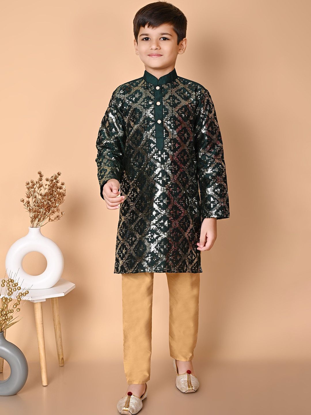 NFC CREATION Boys Embroidered Regular Sequinned Dupion Silk Kurta with Pyjamas-picture-21