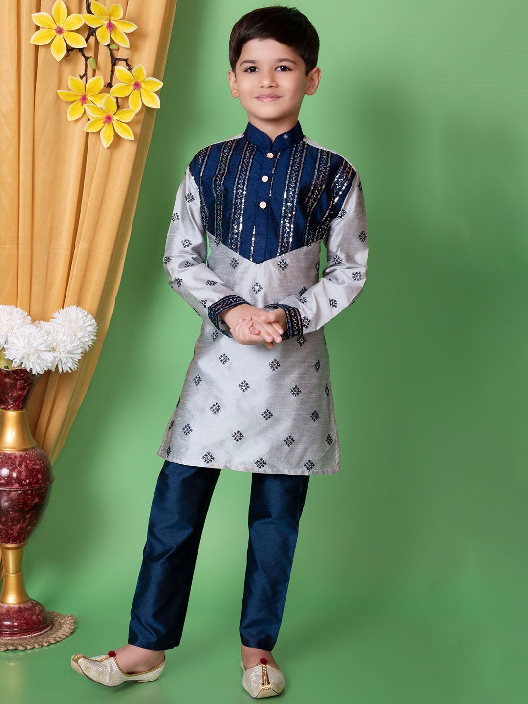 NFC CREATION Boys Floral Embroidered Regular Sequinned Dupion Silk Kurta with Pyjamas-picture-58