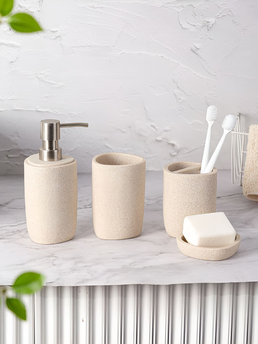 Pano Beige 4 piece Solid Polyresin Bath Accessories Set-image-34