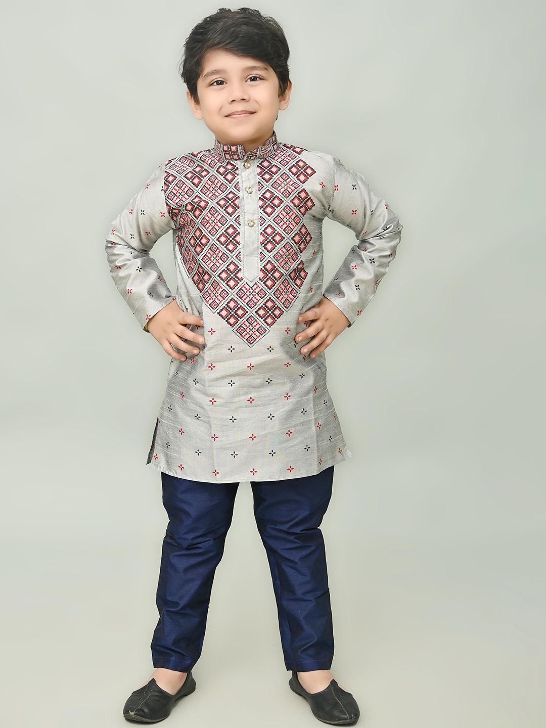 NFC CREATION Boys Printed Regular Dupion Silk Kurta with Trousers-picture-21