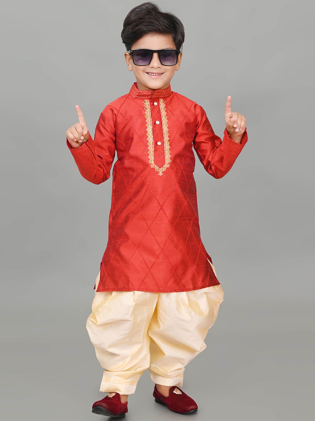 NFC CREATION Boys Ethnic Motifs Embroidered Regular Thread Work Dupion Silk Kurta with Patiala-picture-25