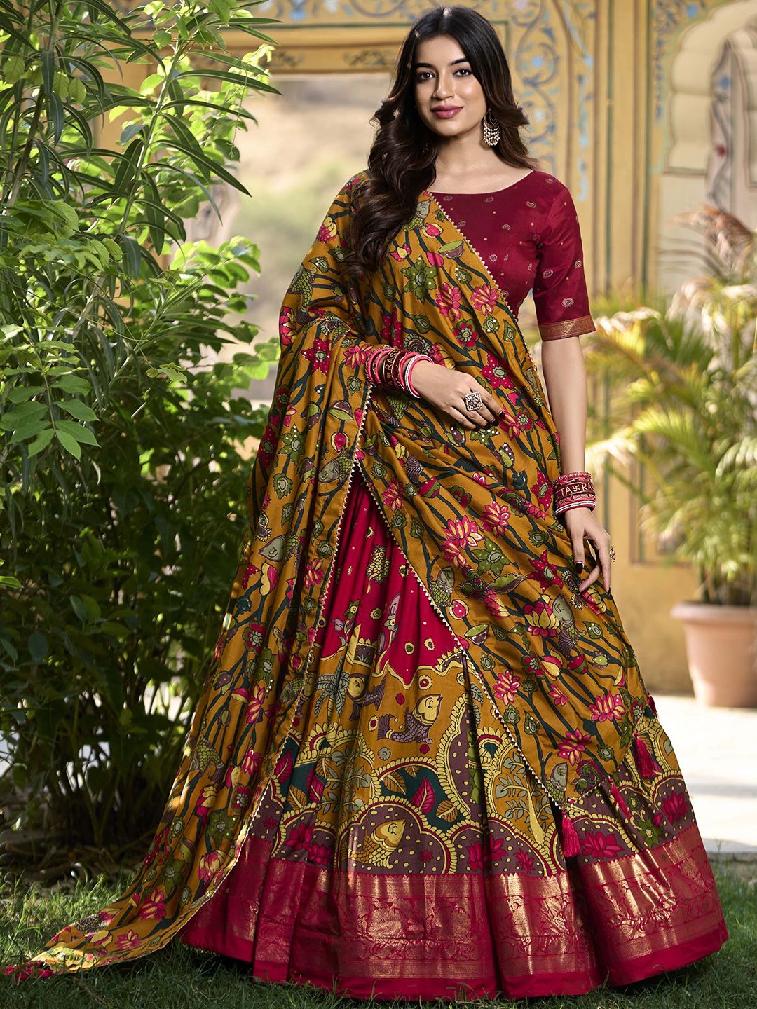 LOOKNBOOK ART Printed Kalamkari Ready to Wear Lehenga & Unstitched Blouse With Dupatta-picture-39
