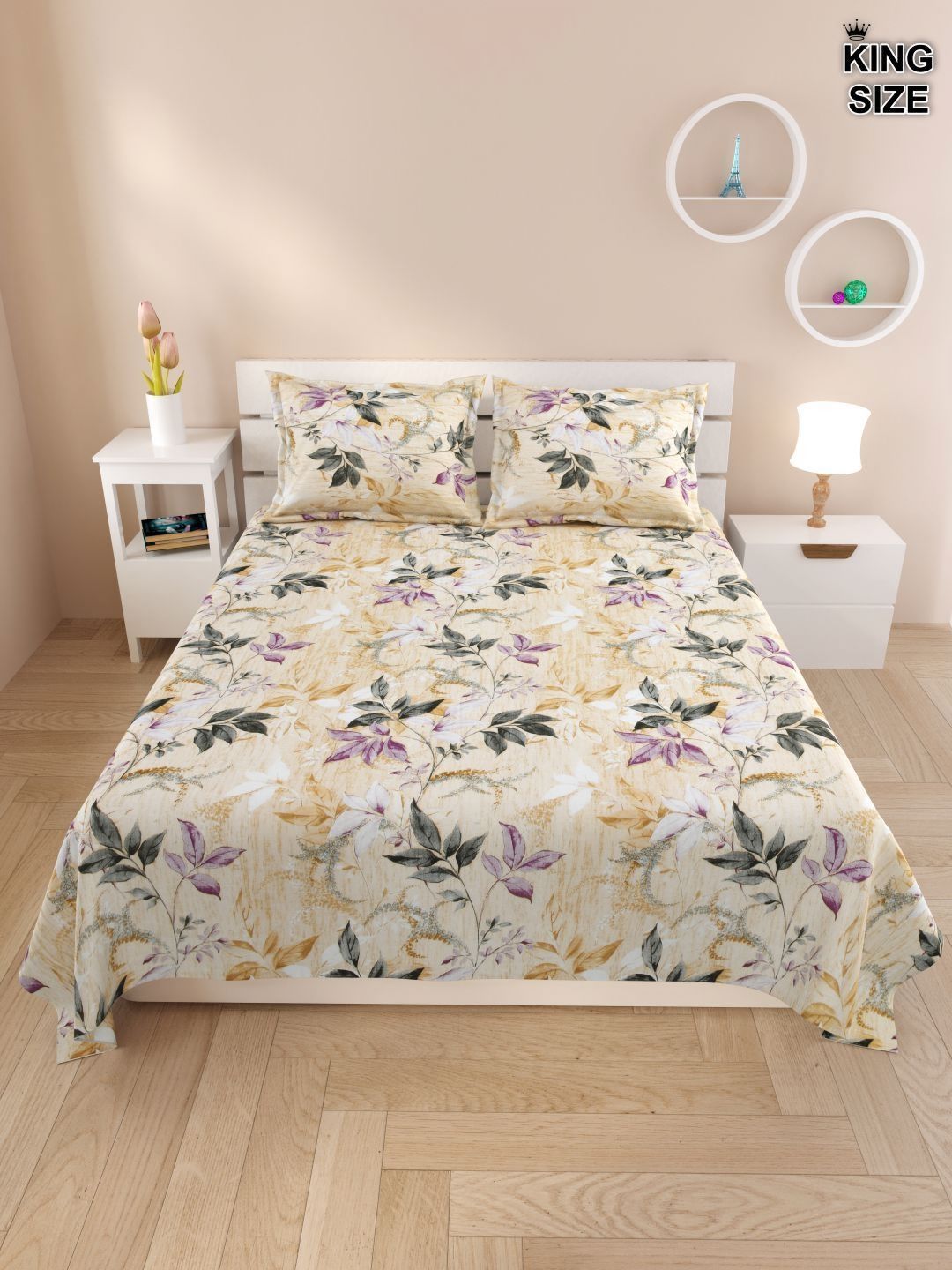 DREAM WEAVERZ Yellow & Grey Floral 220 TC King Bedsheet with 2 Pillow Covers-image-31