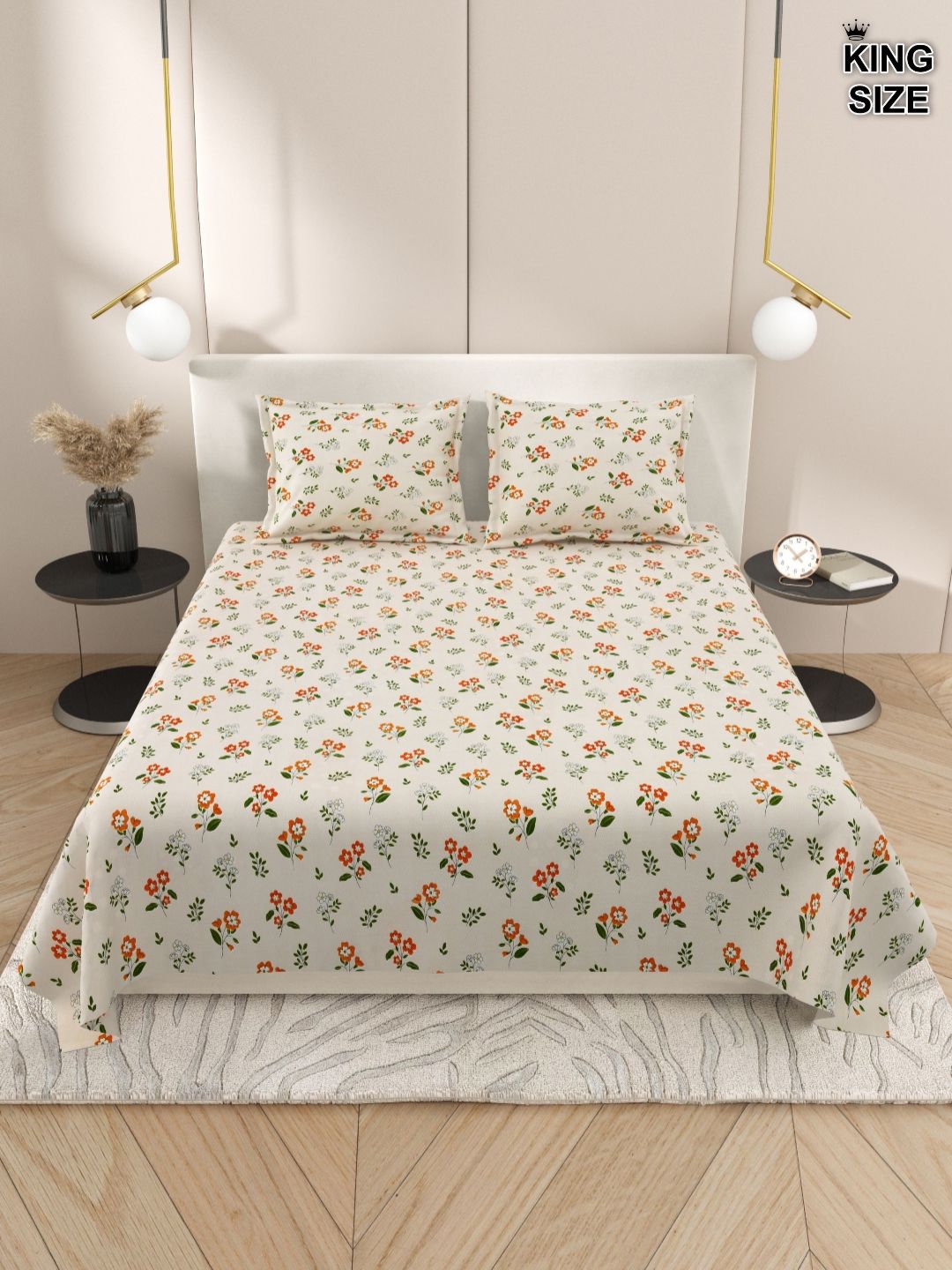 DREAM WEAVERZ Brown & Orange Floral 220 TC Cotton King Bedsheet With 2 Pillow Covers-picture-36