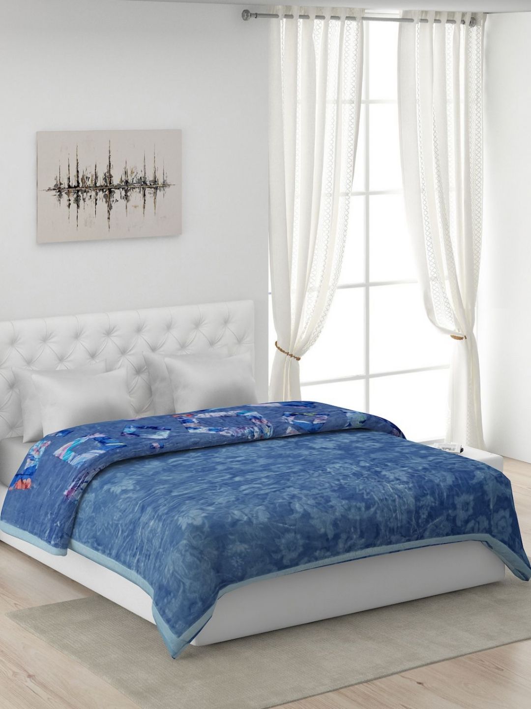 Monte Carlo Blue & Pink Floral 900 GSM Heavy Winter Double Bed Blanket-picture-10