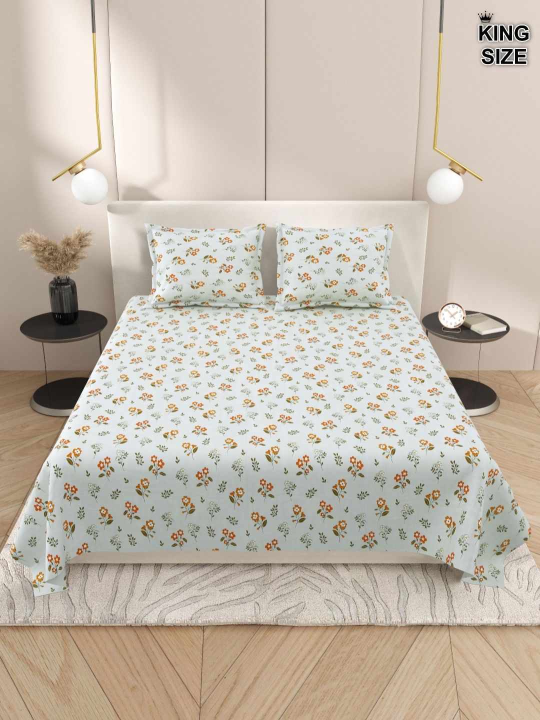 DREAM WEAVERZ Green & Orange Floral 220 TC Cotton King Bedsheet With 2 Pillow Covers-image-36