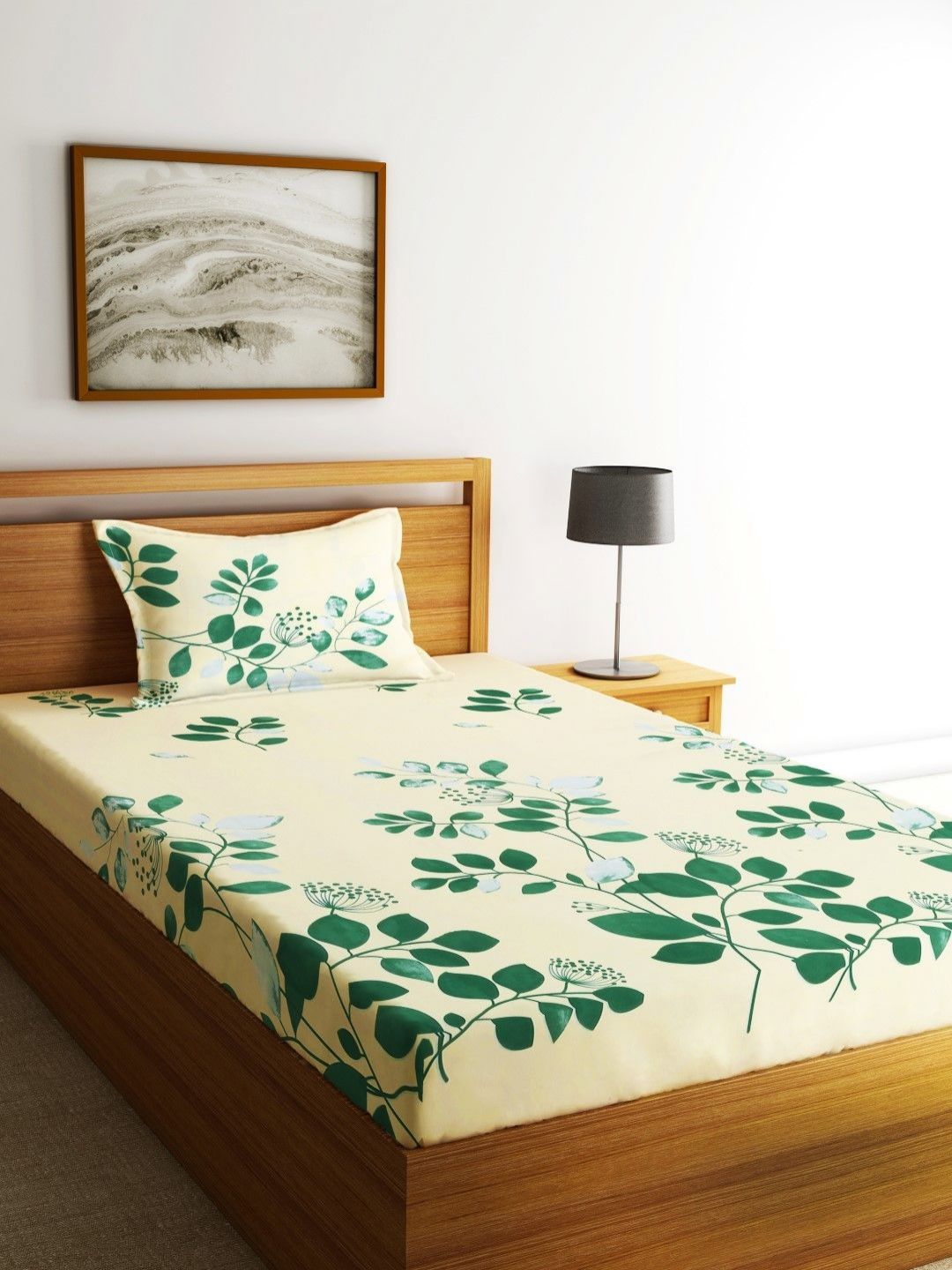 Fashion String Green & Cream-Coloured Floral 144 TC Single Bedsheet with 1 Pillow Covers-image-40