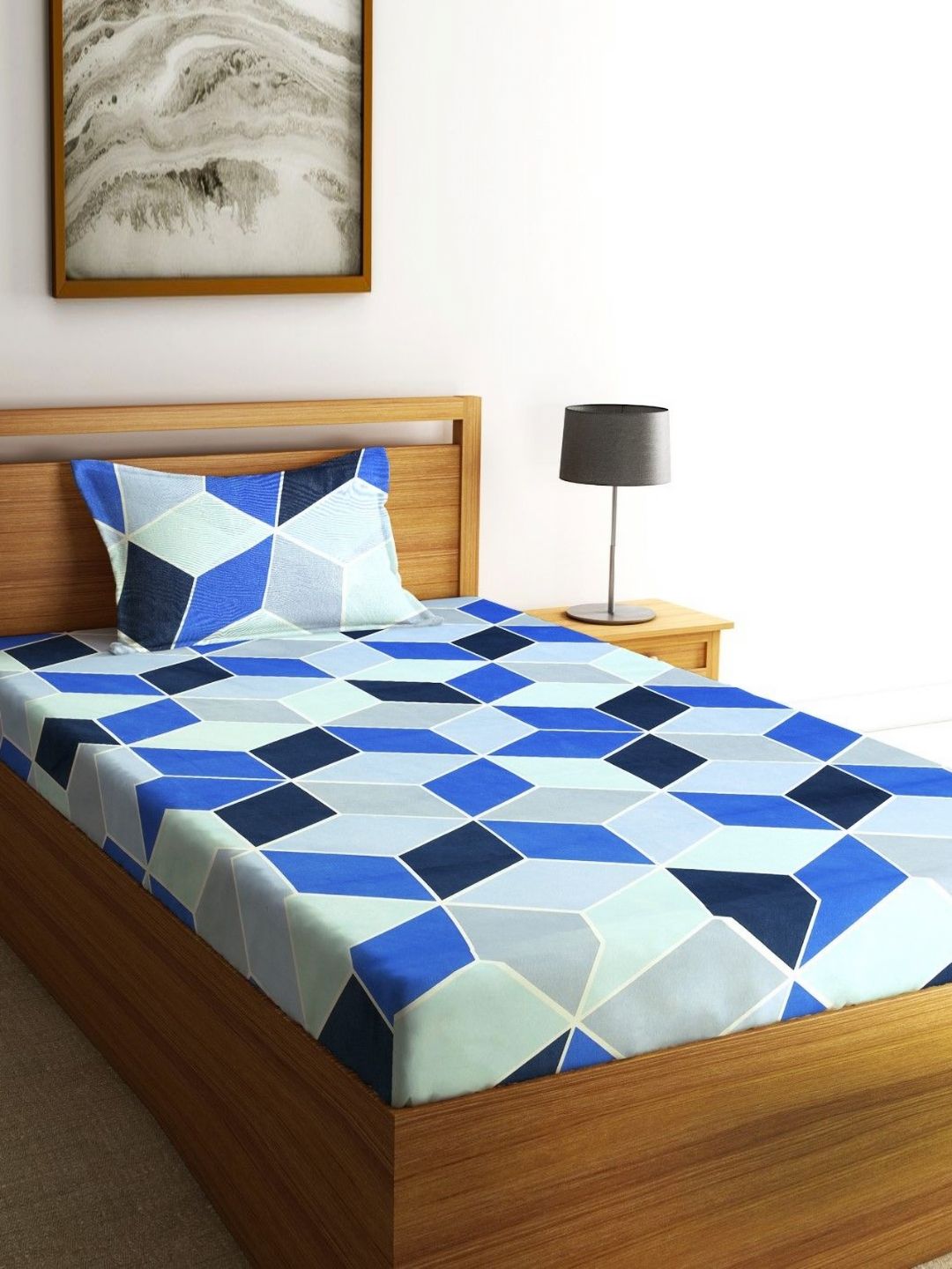 Fashion String Blue & Green Geometric 144 TC Single Bedsheet with 1 Pillow Covers-picture-10