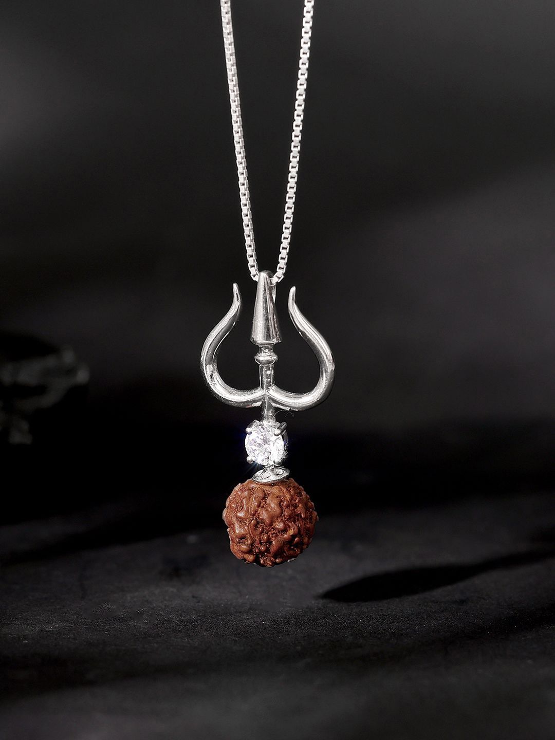 GIVA 925 Sterling Silver Rhodium-Plated Trishul And Rudraksha Pendant With Chain-picture-26