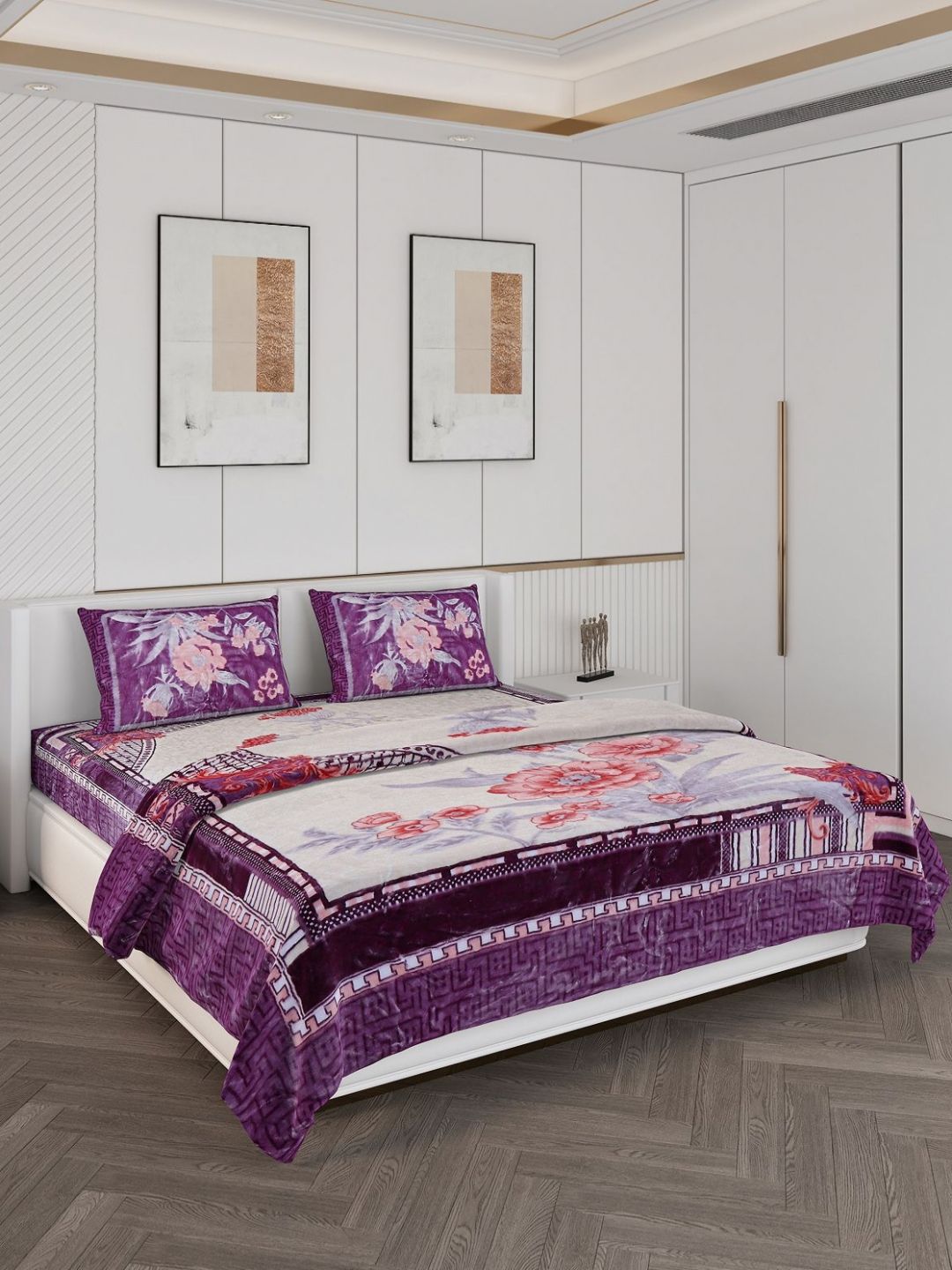 Monte Carlo Purple 4 Pieces Floral Double Queen Bedsheet With 2 Pillow Covers & Comforter-picture-44