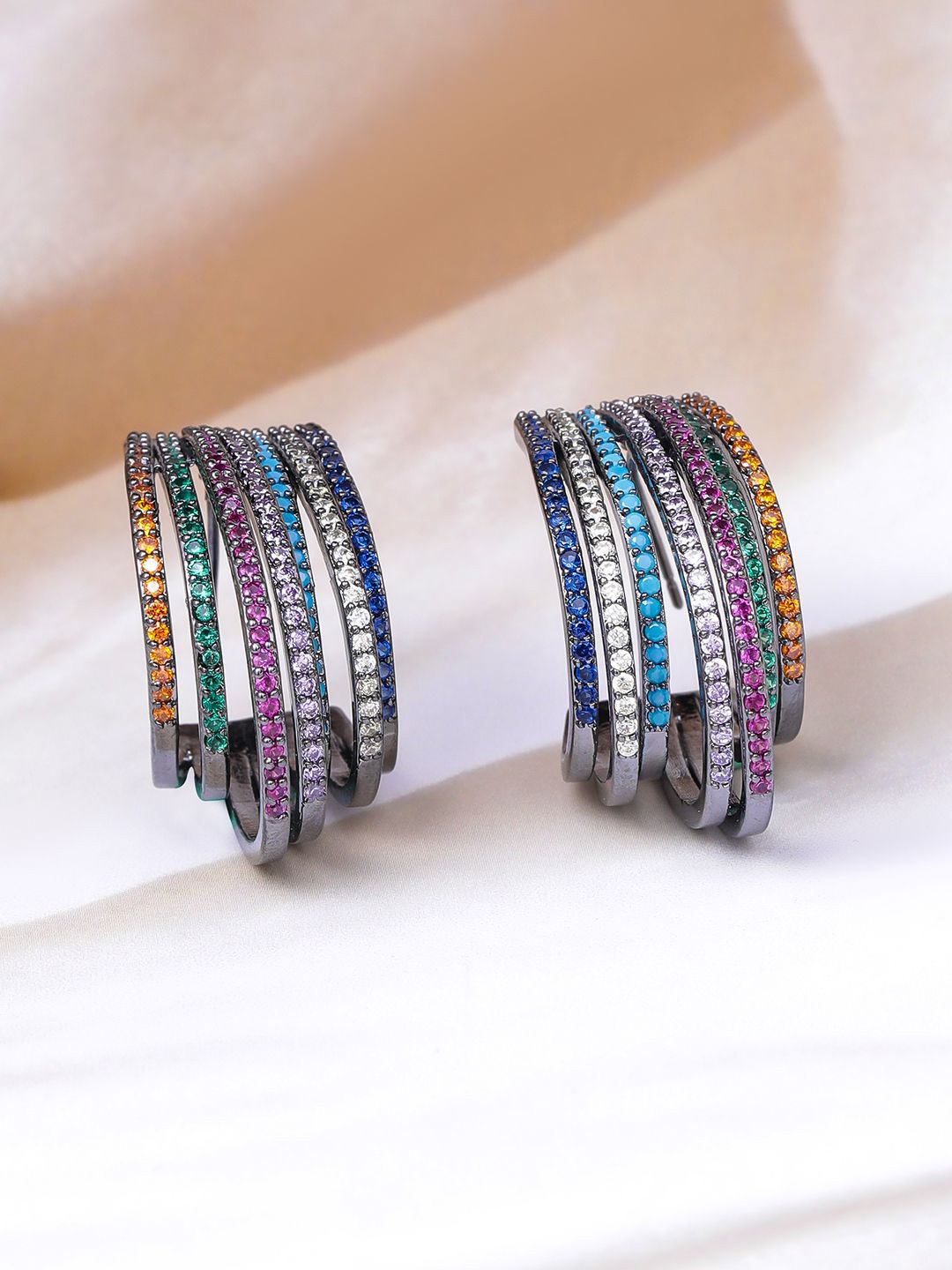 Rubans Rhodium-Plated Multicolor AD & Cubic Zirconia Studded Black-Tone Hoop Earrings-picture-13