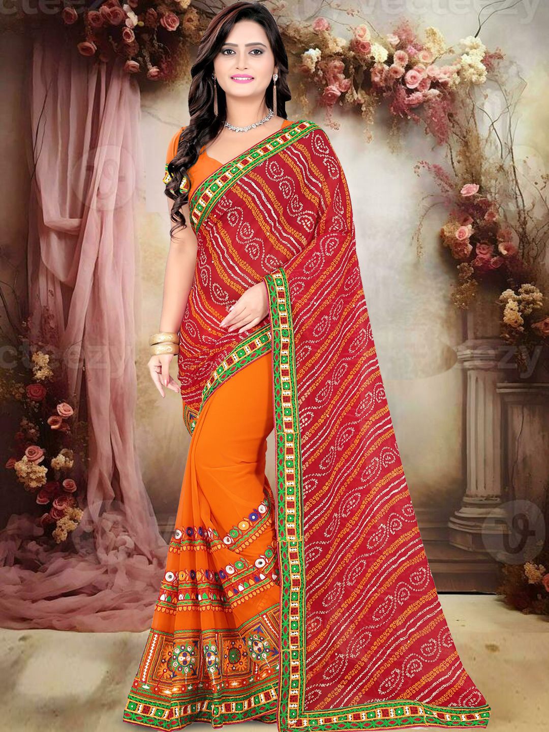 KAVINDI Pure Georgette Embroidered Beads and Stones Bandhani saree-picture-13