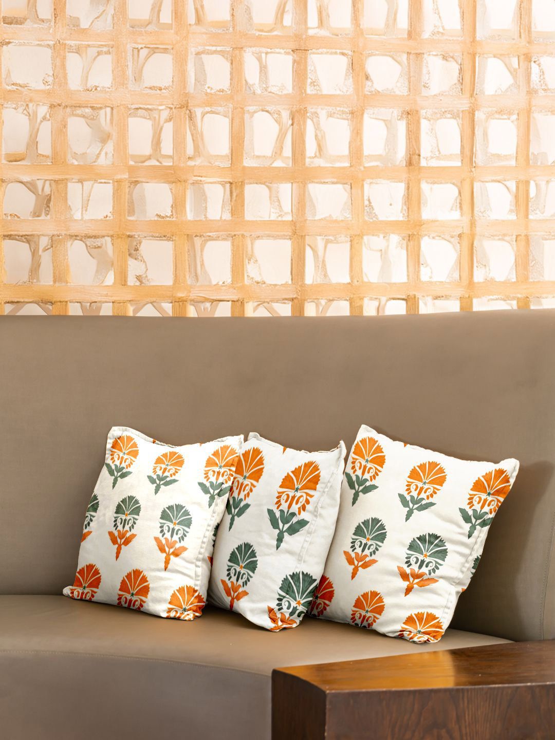URBAN SPACE White & Orange 3 Pieces Floral Printed Cotton Square Cushion Covers-picture-27