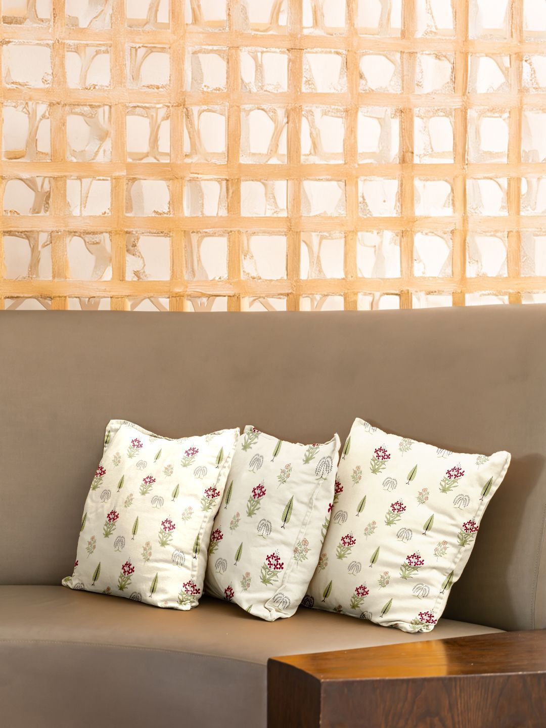 URBAN SPACE Red & White 3 Pieces Floral Printed Cotton Square Cushion Covers-picture-24