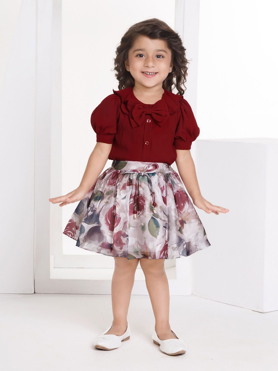 Peppermint Girls Round Neck Puffed Sleeves Top with Skirt-picture-37