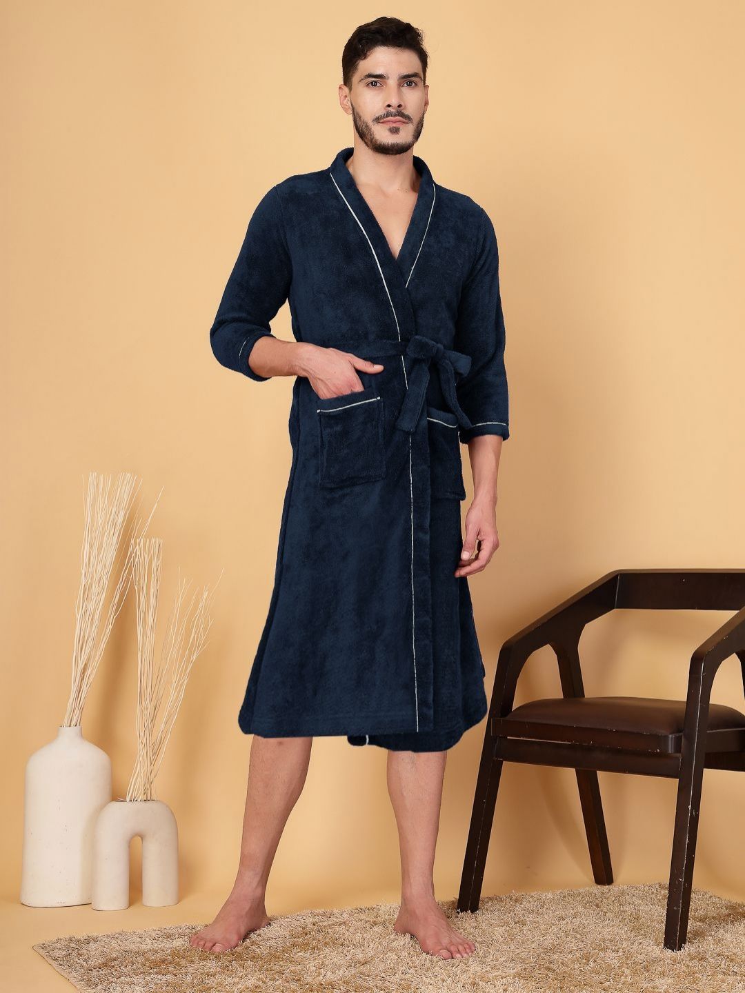 FABINALIV Men Blue Cotton Bath Robe-picture-1