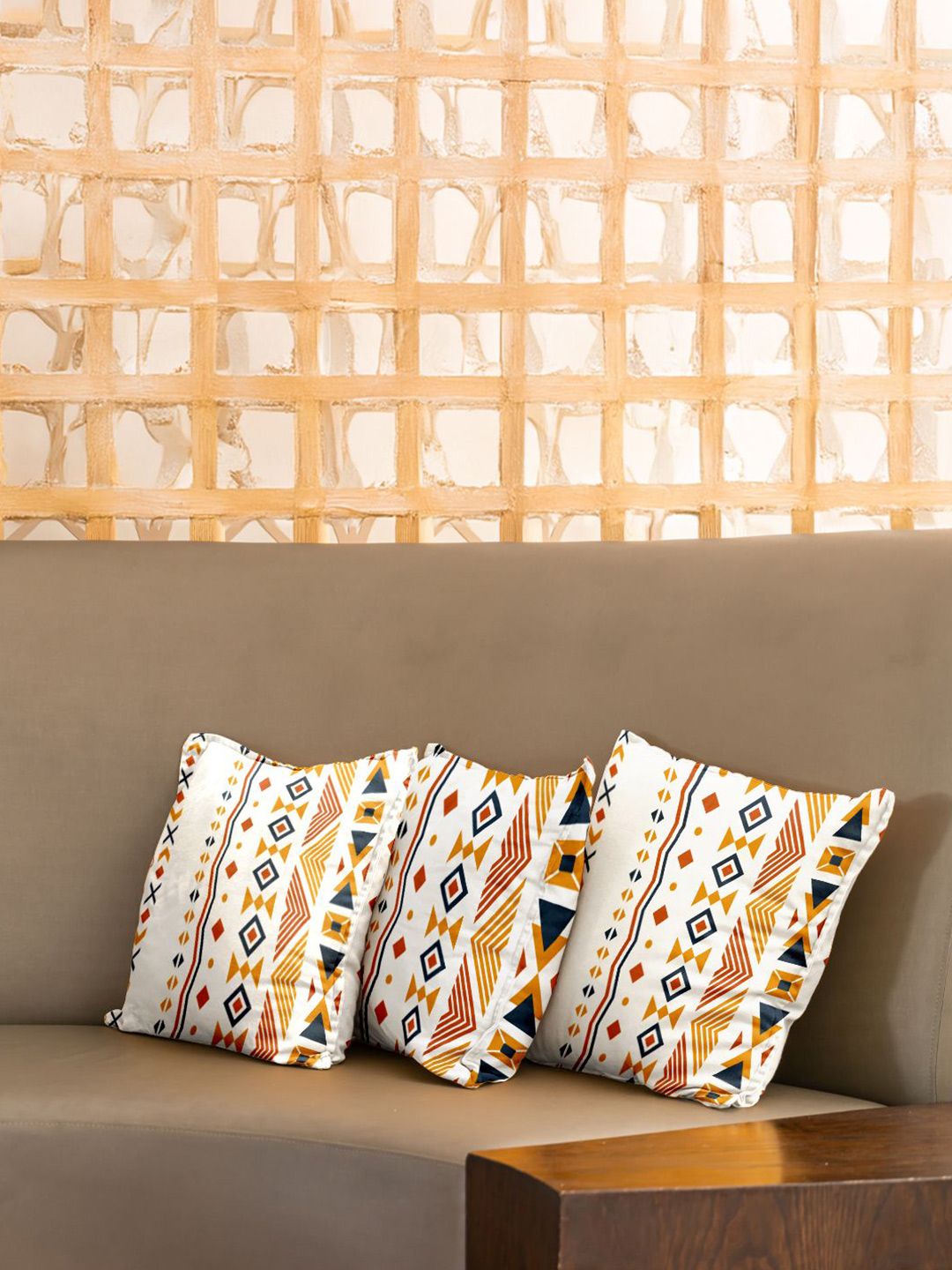 URBAN SPACE Orange & White 3 Pieces Geometric Printed Cotton Square Cushion Covers-picture-33