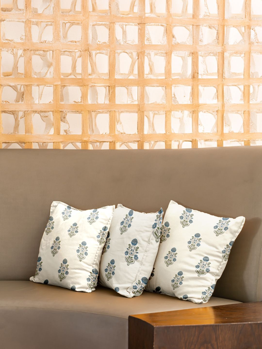 URBAN SPACE Blue & Cream-Coloured 3 Pieces Floral Printed Cotton Square Cushion Covers-picture-37