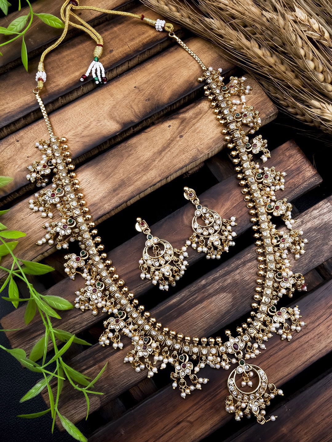 StileAdda Gold Plated Stone Studded & Beaded Guttapusallu Jewellery Set-picture-20