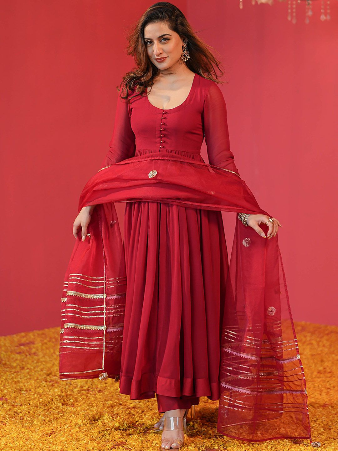 KALINI Solid Anarkali Kurta with Trousers & Dupatta
