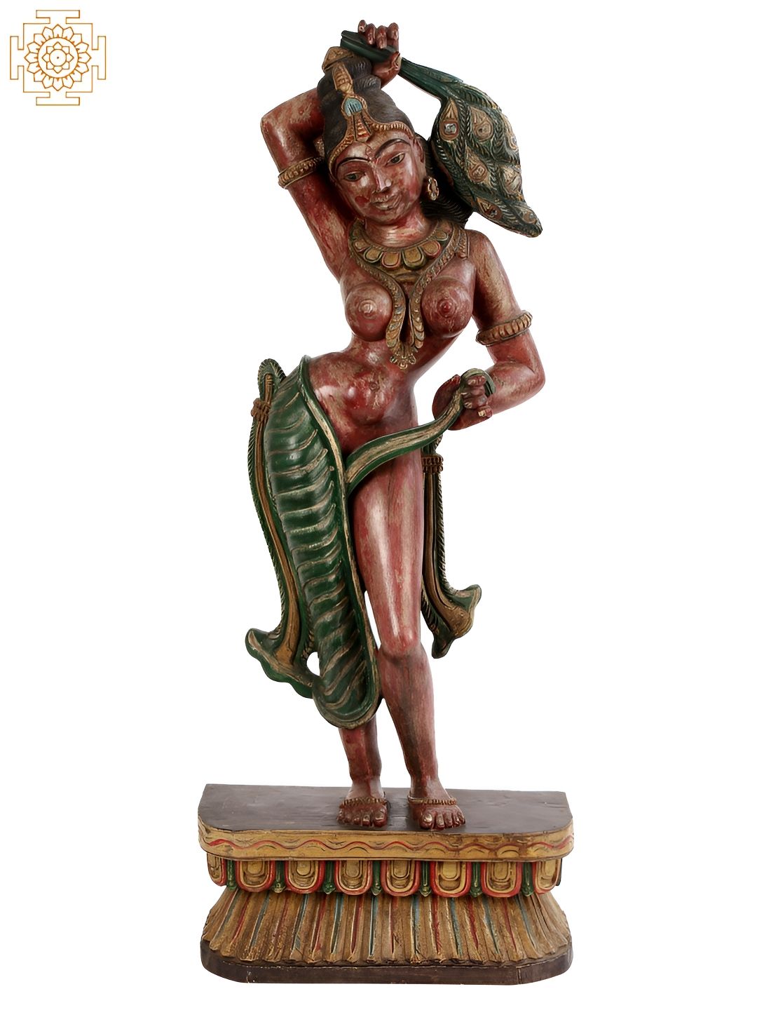 Exotic India Rust & Green Apsara Wooden ReligiousIdol Showpiece-picture-30