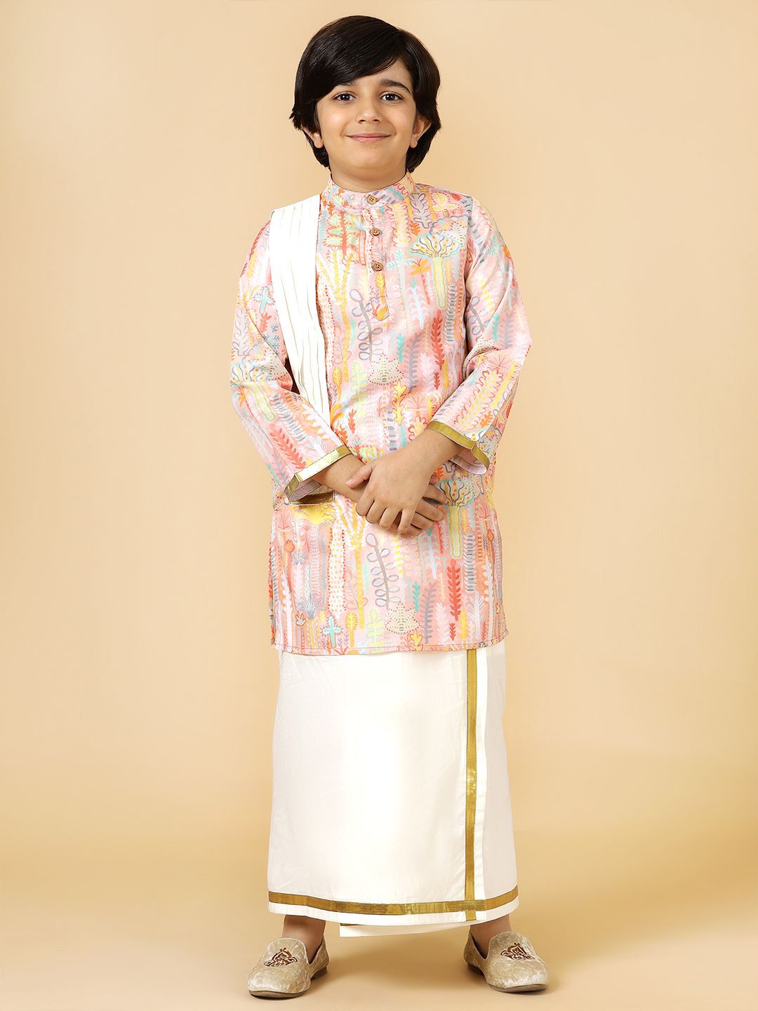 A.T.U.N. Boys Printed Band Collar Regular Straight Kurta With Veshti & Dupatta-picture-35