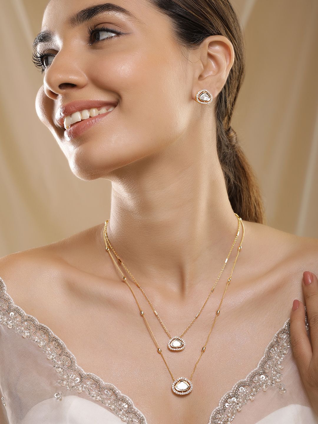 Rubans 22KT Gold-Plated Polki and Cubic Zirconia Stone-Studded Jewellery Set-picture-44