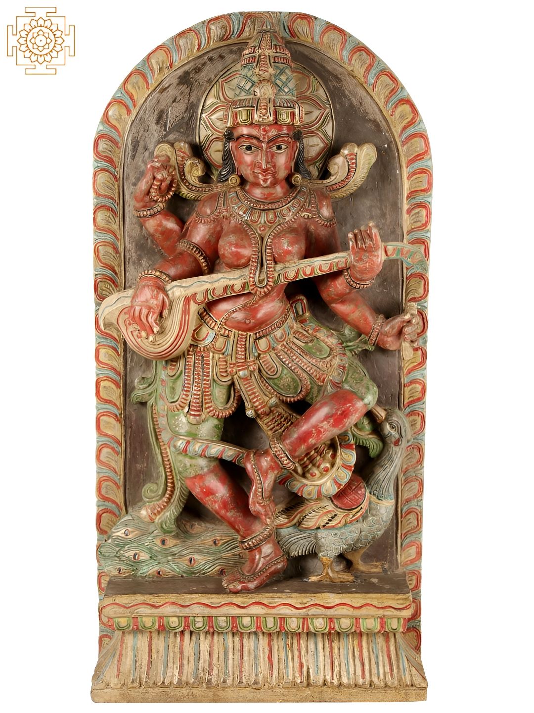 Exotic India Brown & Green Goddess Saraswathi Religious Wooden Idol Showpiece-picture-24
