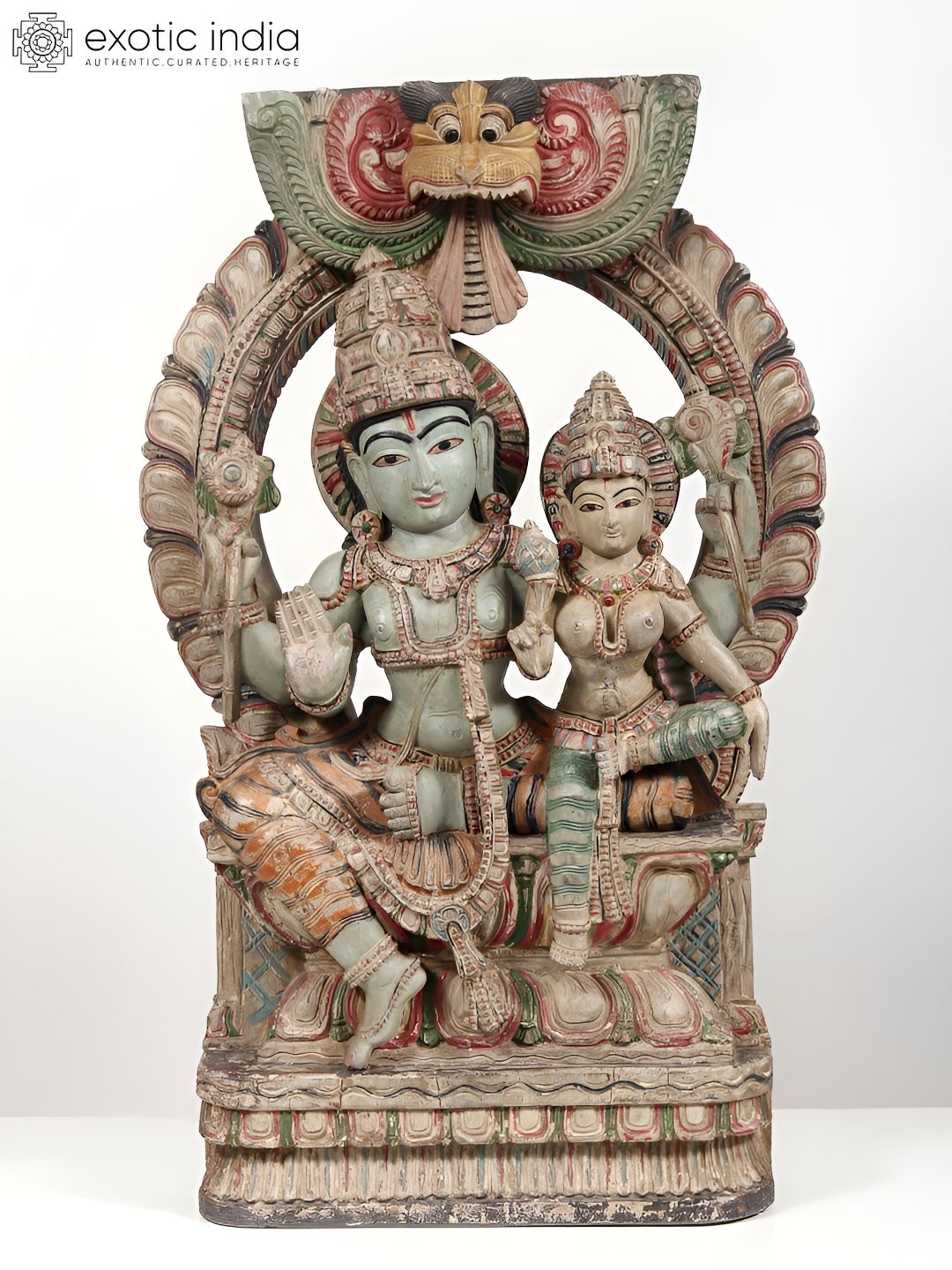 Exotic India Green Wooden Lord Vishnu With Goddess Lakshmi Religious Idol Showpiece-picture-22