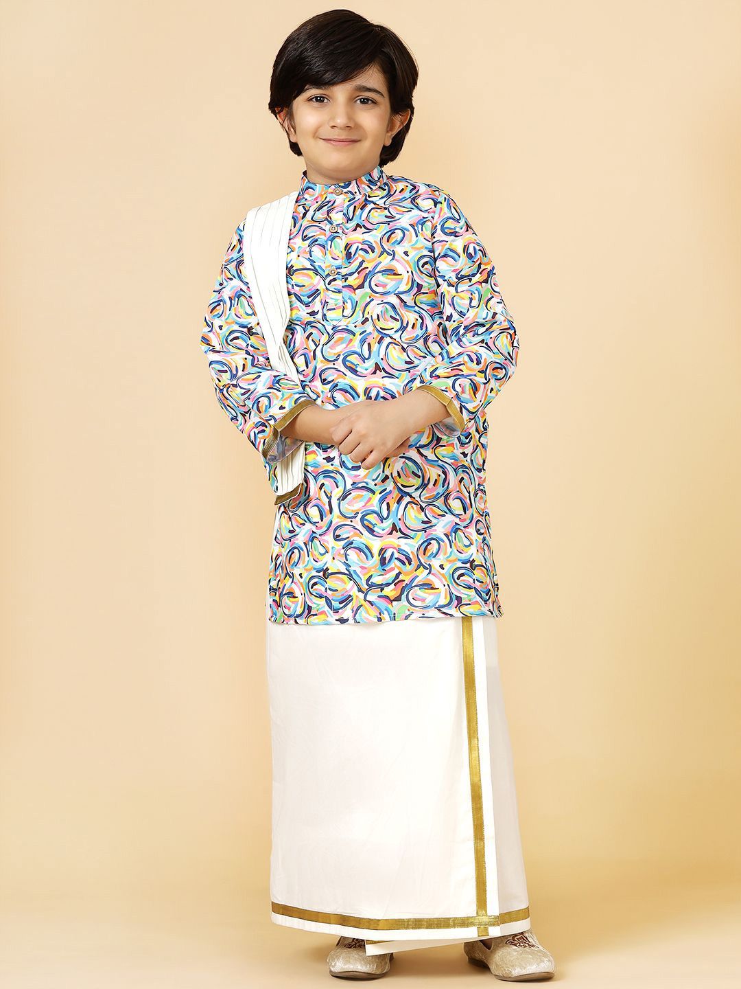 A.T.U.N. Boys Printed Band Collar Regular Straight Kurta With Mundu & Dupatta-picture-37