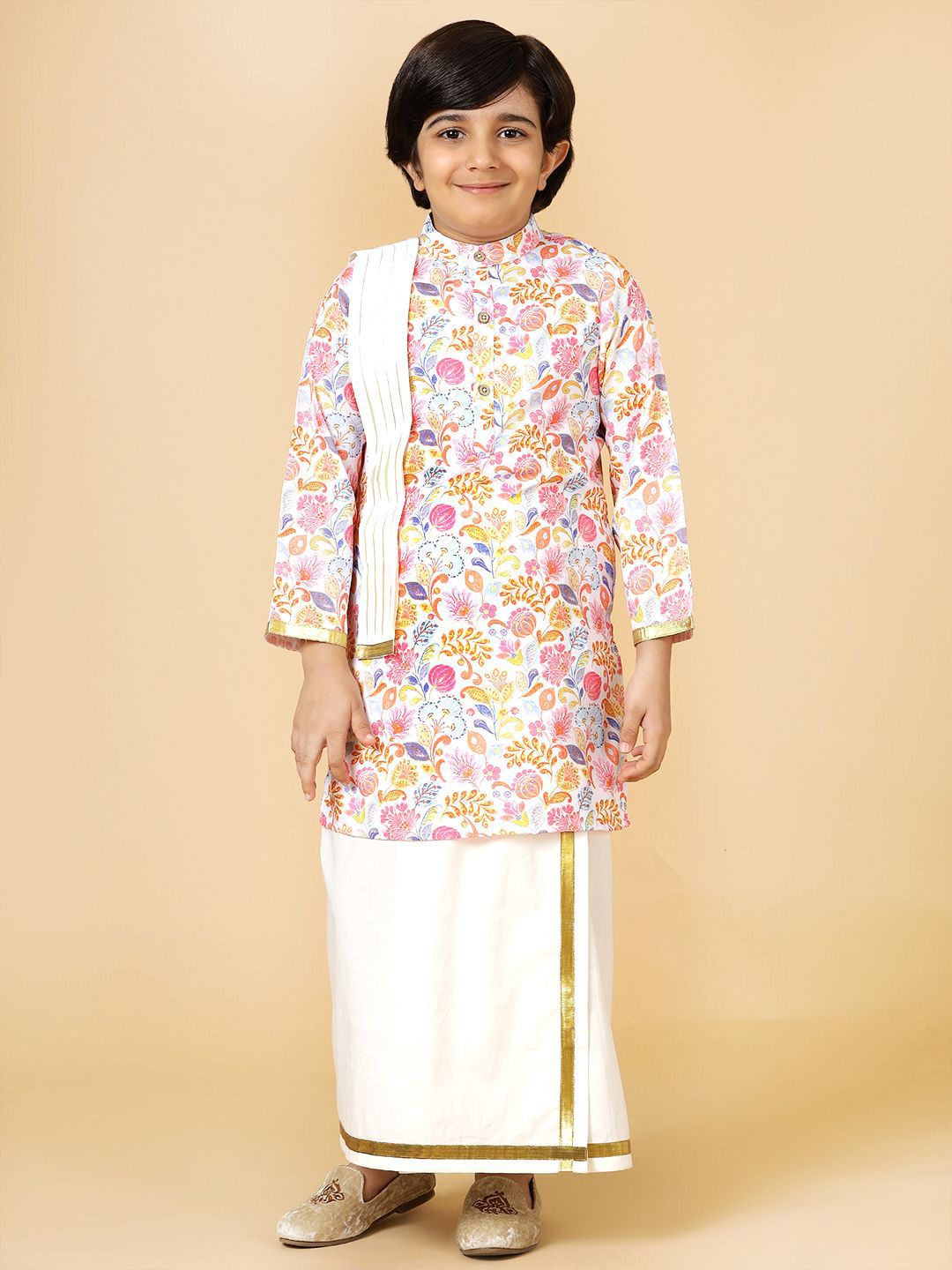 A.T.U.N. Boys Printed Band Collar Regular Straight Kurta With Mundu & Dupatta-picture-36
