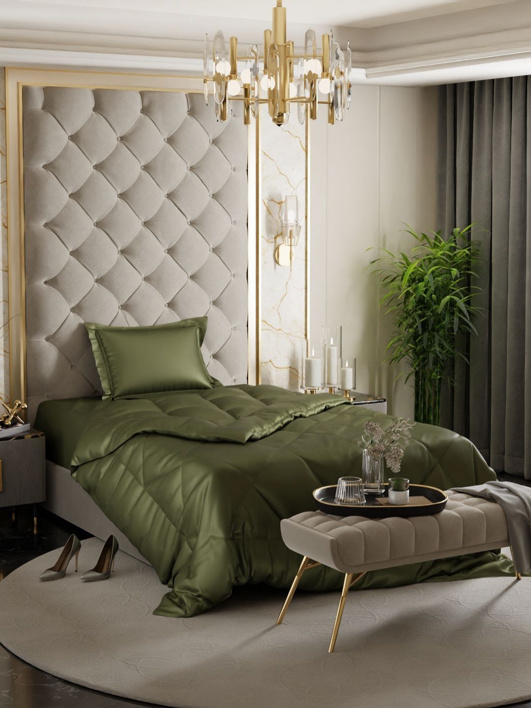 Stoa Paris Olive Green Solid 3 Piece Single Regular Bedding Set-image-7