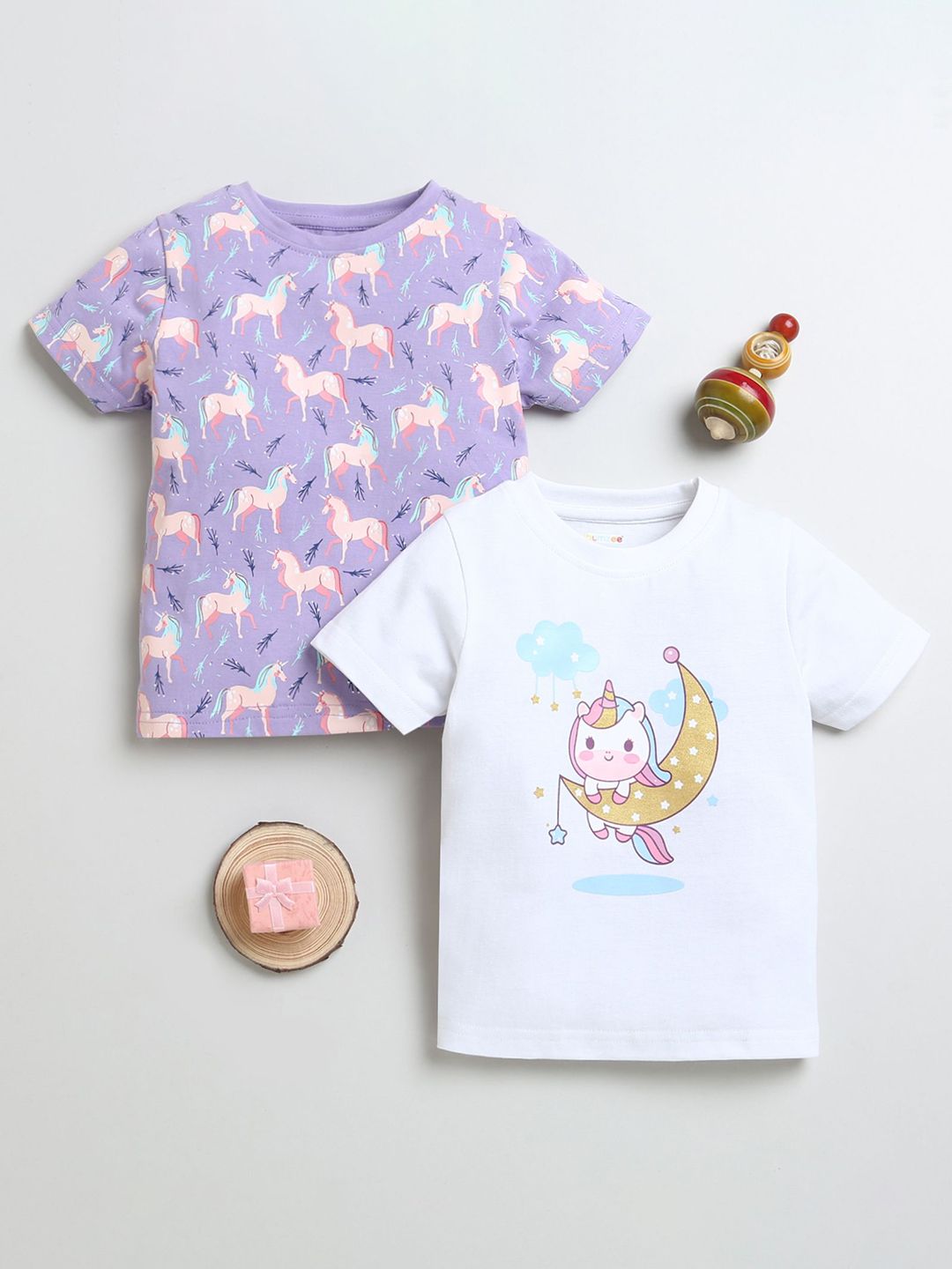 BUMZEE Girls Pack Of 2 Graphic Printed Round Neck Cotton T-Shirts-picture-27