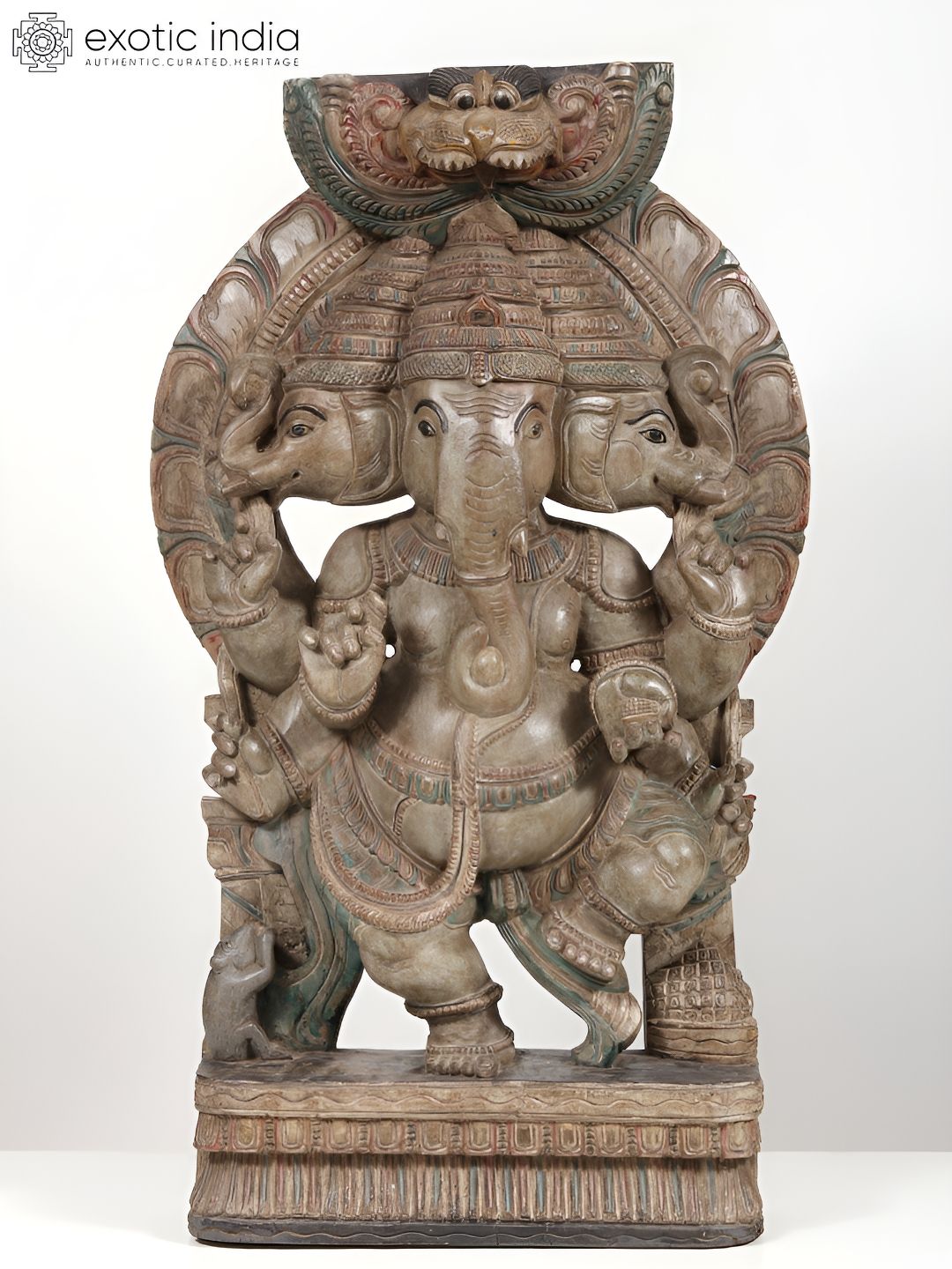 Exotic India Brown Trimukha Lord Ganesha Wooden Religious Idol Showpiece-picture-48
