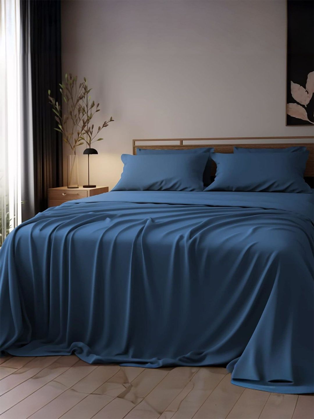 MUSH Navy Blue 400 TC Bamboo King Bedsheet with 2 Pillow Covers-picture-2