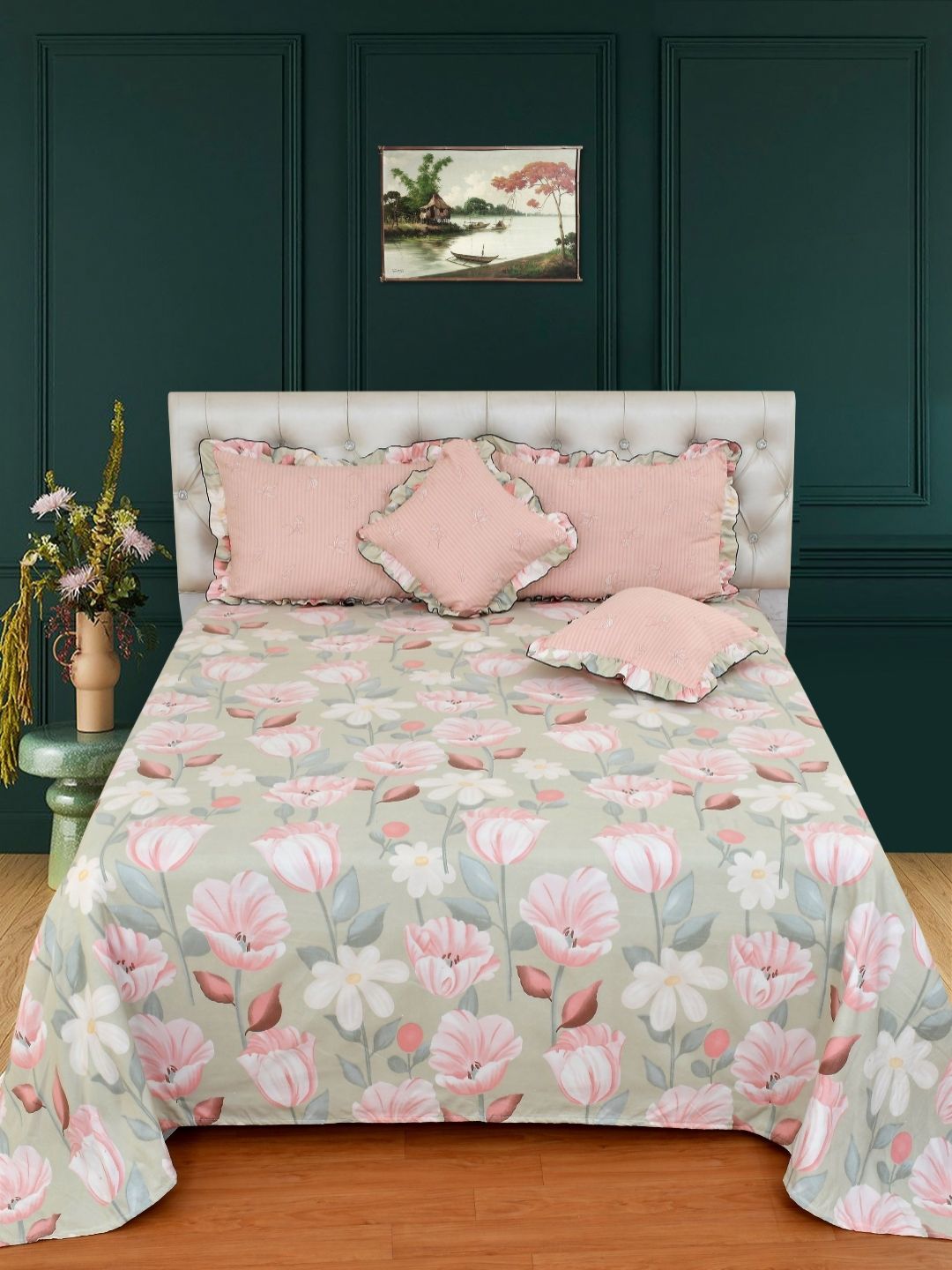 MORADO Grey & Pink Floral Other 5 Piece Double King Fine Bedding Set-picture-41