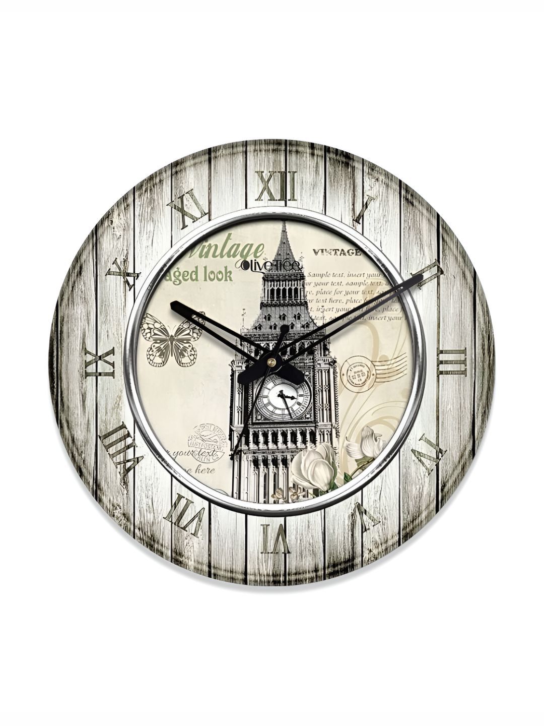 OLIVE TREE Black & White Printed Round Shaped Vintage Analogue Wall Clock-image-38