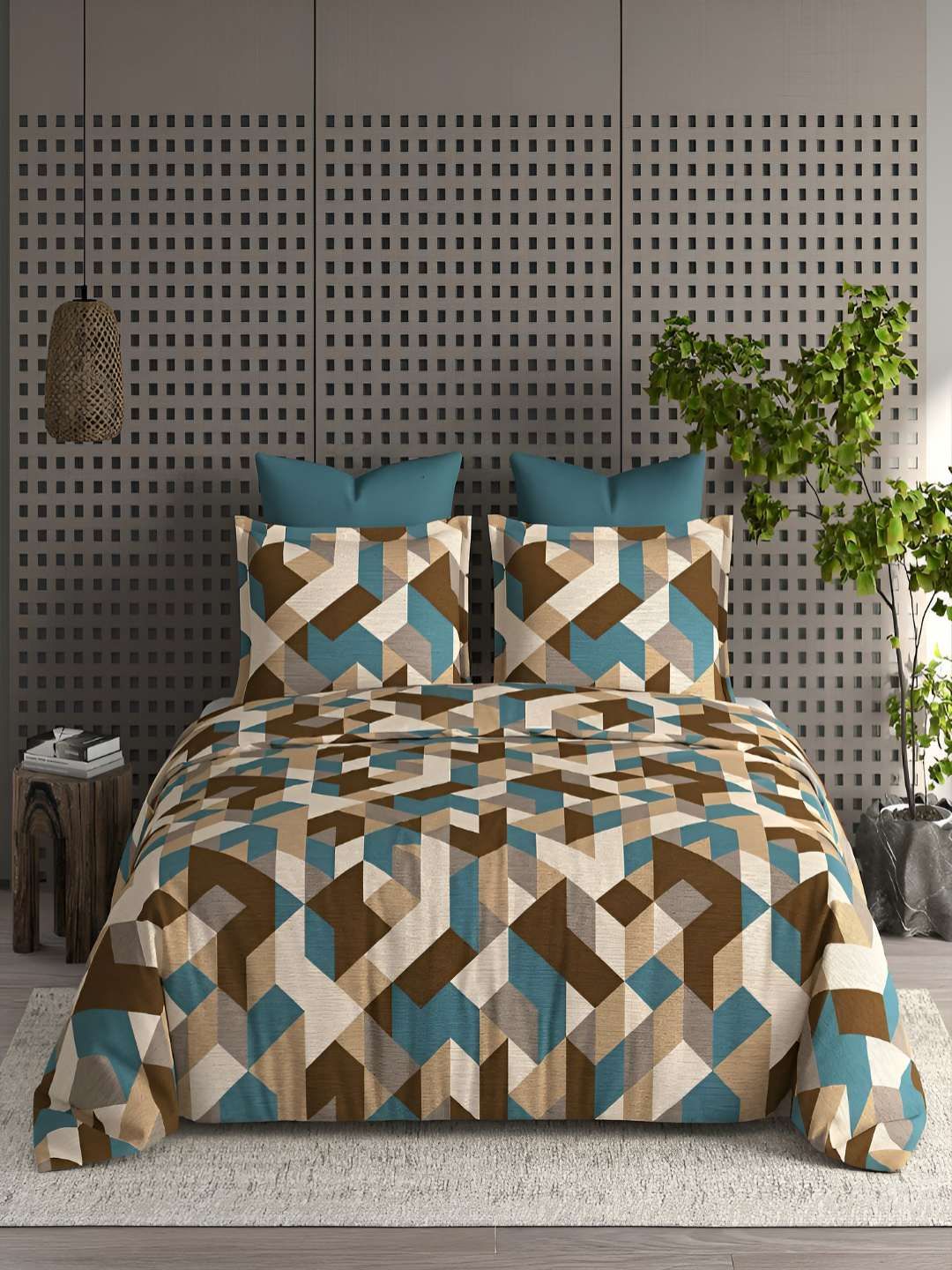 tundwal's Brown & Blue Geometric 210 TC King Bedsheet with 2 Pillow Covers-picture-20