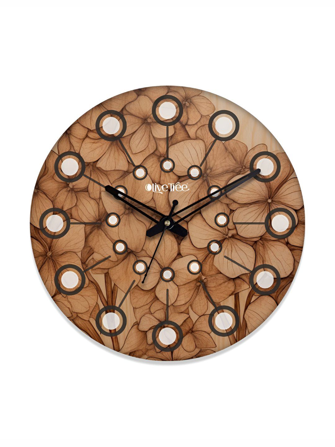 OLIVE TREE Black & Brown Floral Printed Round Shaped Contemporary Analogue Wall Clock-image-26