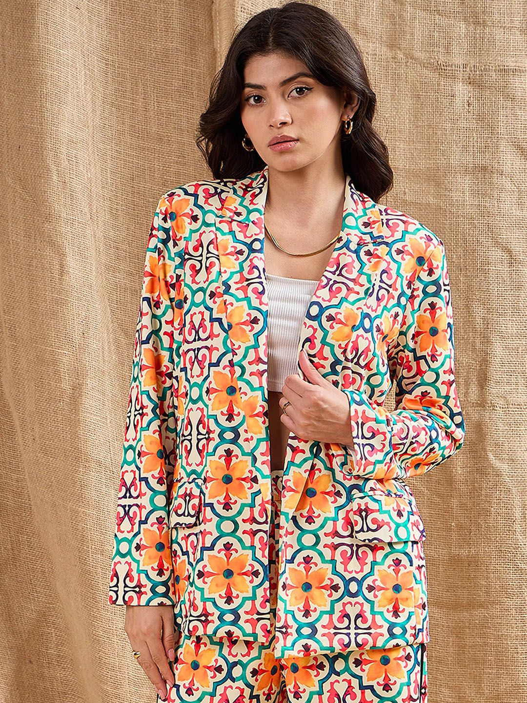 SASSAFRAS Geometrical Printed Open Front Blazer