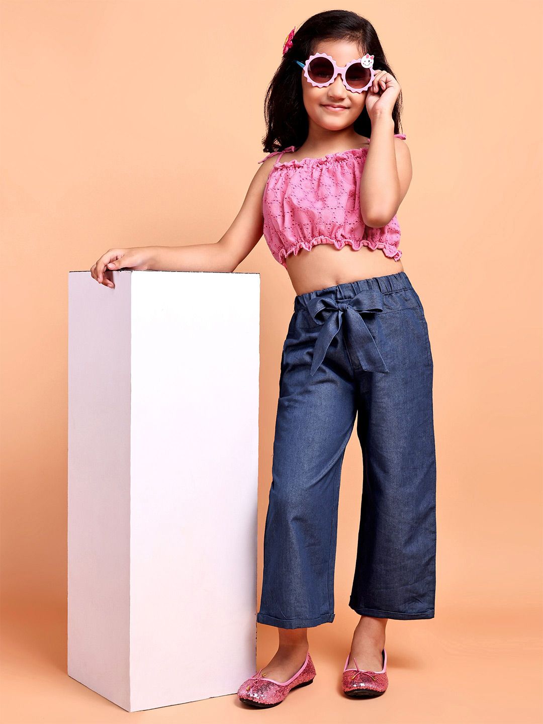 YK Girls Schiffli Pure Cotton Crop Top With Denim Palazzo-picture-38